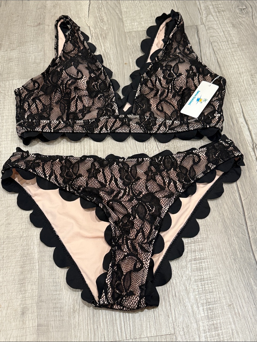 Lace Scallop Trim Bikini - Black on Nude